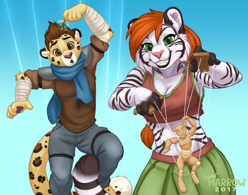ash_(ashkelling) body_control brown_hair cat_boy cat_girl chibi-marrow clothed femdom furry keilani_(keilani) leopard_boy malesub mistletoe open_mouth original puppet red_hair simple_background smile tiger_girl voodoo_doll