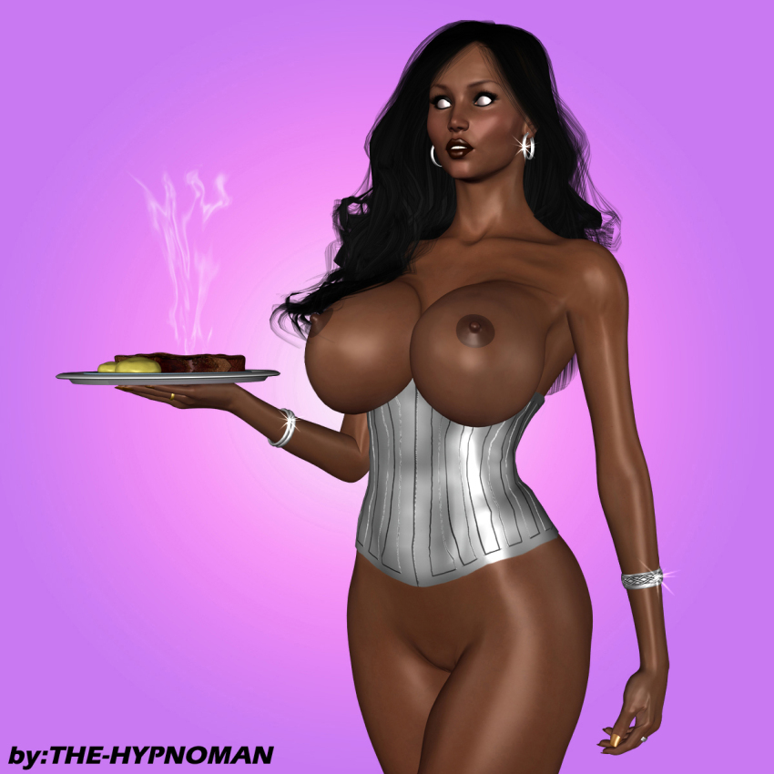 3d black_hair breasts brown_lipstick cleavage collarbone dark_skin earrings erect_nipples female_only femsub huge_breasts hypnoman jewelry kendra_(hypnoman) long_hair original solo thick_thighs thighs tray waitress white_eyes