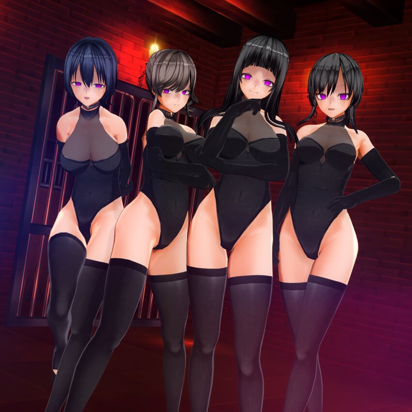 3d altered_common_sense baldmen4 bangs bare_shoulders black_hair boots brown_hair choker cleavage crossed_arms custom_maid_3d_2 empty_eyes expressionless female_only femsub gloves hand_on_hip happy_trance large_breasts leotard long_hair looking_at_viewer multiple_girls multiple_subs opera_gloves original posing purple_eyes see-through short_hair side_ponytail smile standing straight-cut_bangs thigh_boots thighhighs
