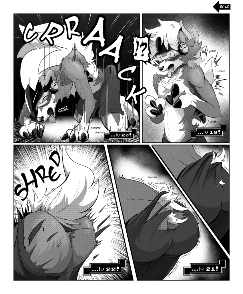 animal_transformation ass comic furry greyscale headphones lycanroc male_only malesub nintendo open_mouth original pokemon pokemon_(creature) progress_indicator right_to_left sweat tech_control text thought_bubble tongue_out torn_clothes toshabi transformation undressing visor wolf_boy