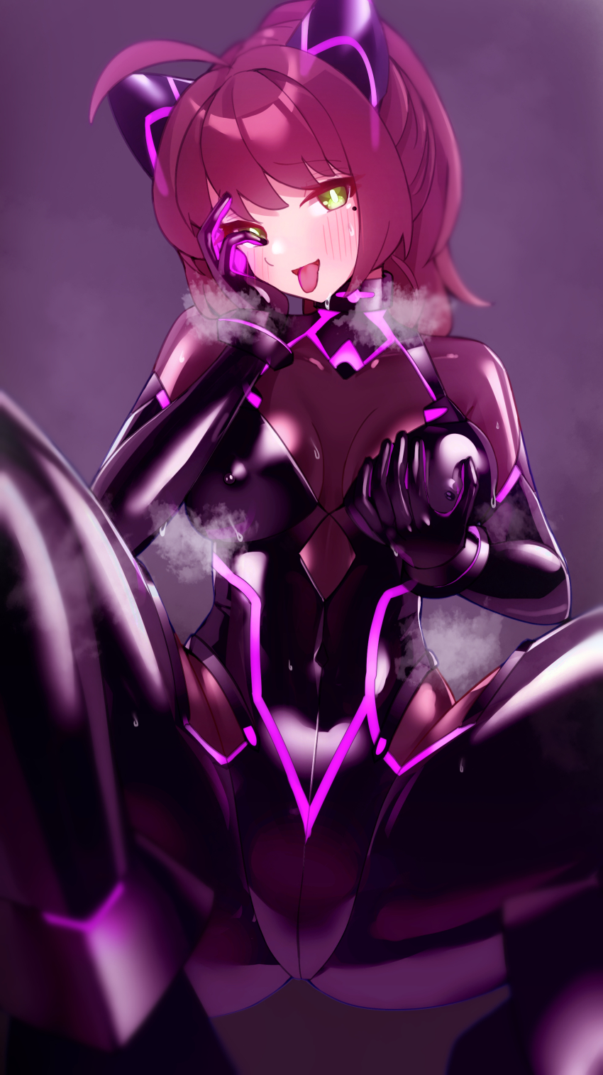 bodysuit brown_hair cat_ears collar corruption green_eyes groping latex looking_at_viewer maguro27 misti_rockwell_(lilpenpusher) nipples original panting source_request spread_legs tongue_out