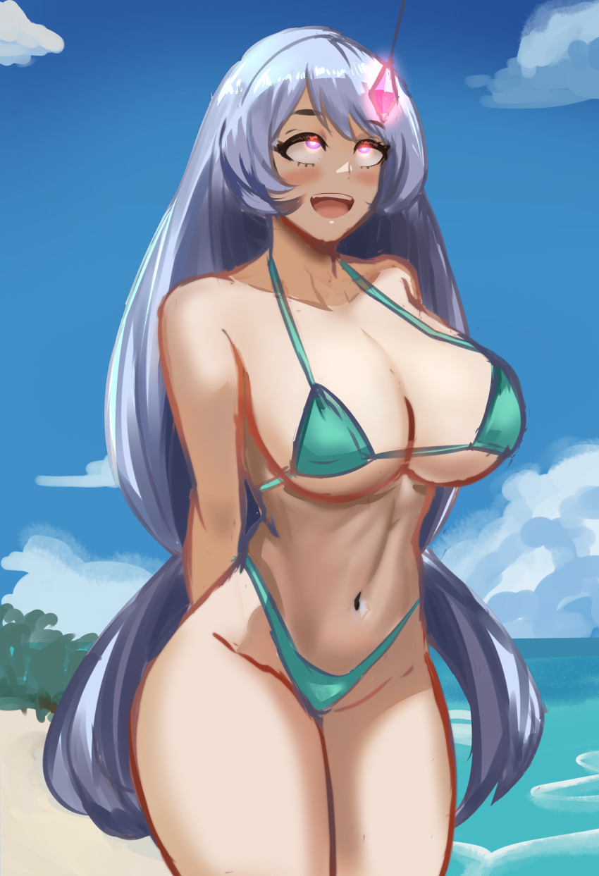 absurdres arms_behind_back bare_legs beach bikini blue_eyes blue_hair bra breasts cleavage crystal eye_roll female_only femsub glowing_eyes happy_trance huge_breasts large_breasts my_hero_academia navel nejire_hado open_mouth outdoors panties pendulum pink_eyes smeef smile solo standing underwear very_long_hair