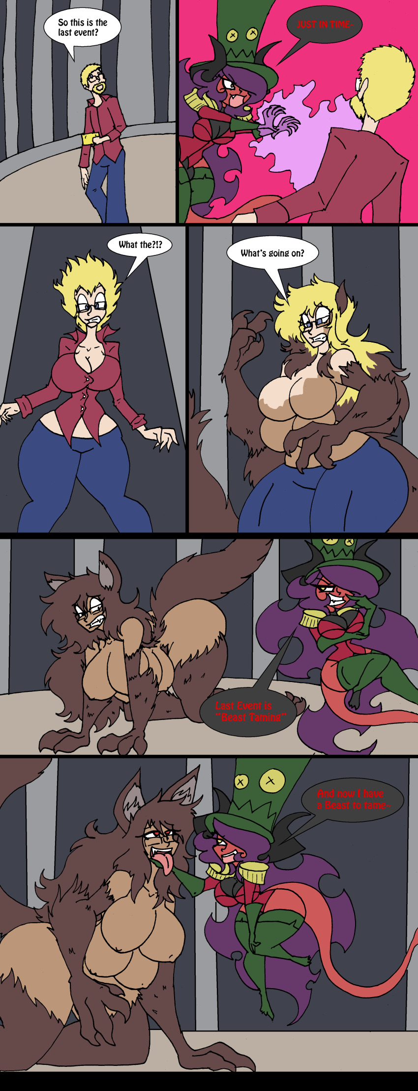 absurdres beard blonde_hair breasts chin_hold cleavage comic corruption demon_girl femdom furry glasses hair_growth happy_trance hat horns large_breasts long_hair lordebonfuze magic malesub monster_girl multiple_breasts open_mouth original purple_hair red_skin text thighhighs tongue tongue_out topless transformation transgender werewolf_girl