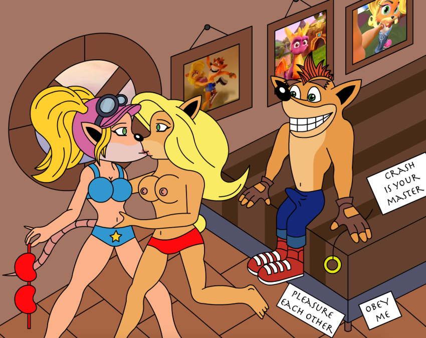bandicoot_girl blonde_hair bottomless bra breasts bulge crash_bandicoot crash_bandicoot_(series) empty_eyes femsub furry kissing large_breasts liquidphazon maledom multiple_girls multiple_subs nude open_mouth pasadena_opossum standing sub_on_sub tawna_bandicoot text topless underwear undressing very_long_hair