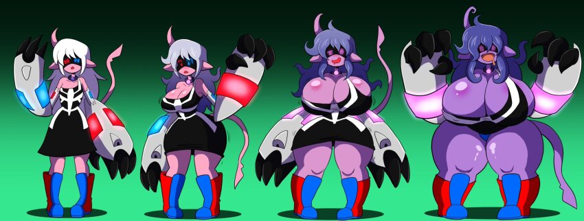 blue_eyes boots choker claws cleavage color dress drool female_only femsub green_background grey_hair happy_trance hex_maniac hexification horns nintendo open_mouth pink_skin pokemon prinnydood purple_hair purple_skin red_eyes shoes spiral_eyes tail tech_control transformation underwear white_hair