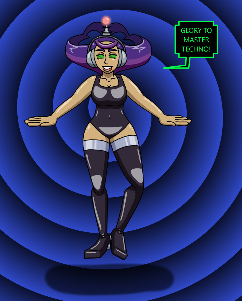 absurdres antenna dark_skin female_only fembot femsub happy_trance headphones hypnotic_accessory latex nintendo olympia_(pokemon) pokemon pokemon_x_and_y purple_hair robot robotization short_hair smile solo spiral_eyes supertechno324 symbol_in_eyes tech_control text thighhighs twintails