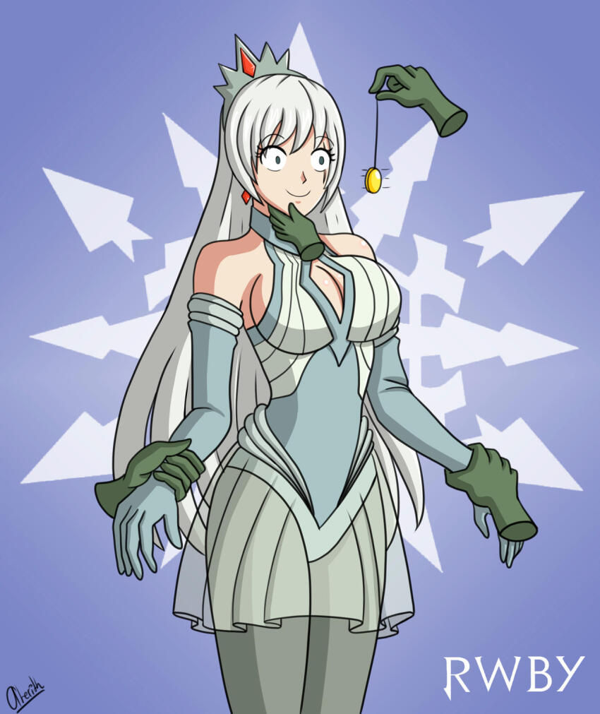 alerith alternate_costume androgynous_dom bare_shoulders blue_eyes breasts chin_hold cleavage cleavage_cutout coin crown earrings femsub grey_hair happy_trance jewelry large_breasts opera_gloves phantom_hand rwby see-through shrunken_irises skirt smile tights very_long_hair weiss_schnee white_hair