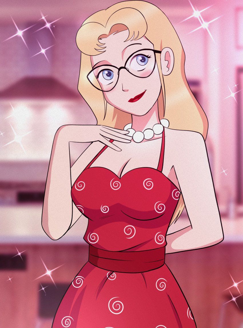 arms_behind_back aurora_(jabberwocky) blonde_hair blue_eyes blush breasts cleavage clothed collarbone dress female_only femsub glasses jewelry lipstick long_hair necklace original polmanning red_lipstick smile solo standing stepfordization