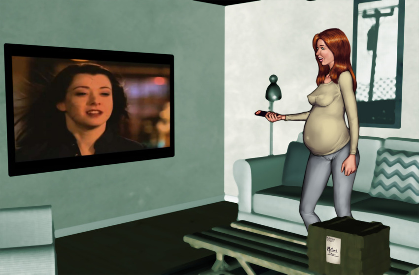 alyson_hannigan black_sclera buffy_the_vampire_slayer cameltoe erect_nipples female_only green_eyes matam's_fetishes pregnant red_hair remote_control see-through smile solo text umbrafox western willow_rosenberg