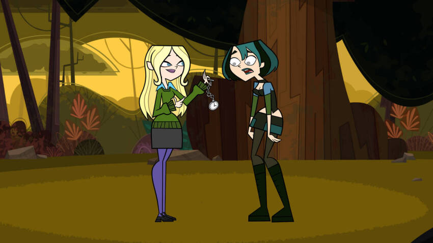 blonde_hair boots breasts cleavage dawn_(total_drama) female_only femdom femsub finger_snap goth green_hair gwen_(total_drama) knee-high_boots multicolored_hair multiple_girls open_mouth pocket_watch racheltd smile spiral_eyes symbol_in_eyes thighhighs total_drama western