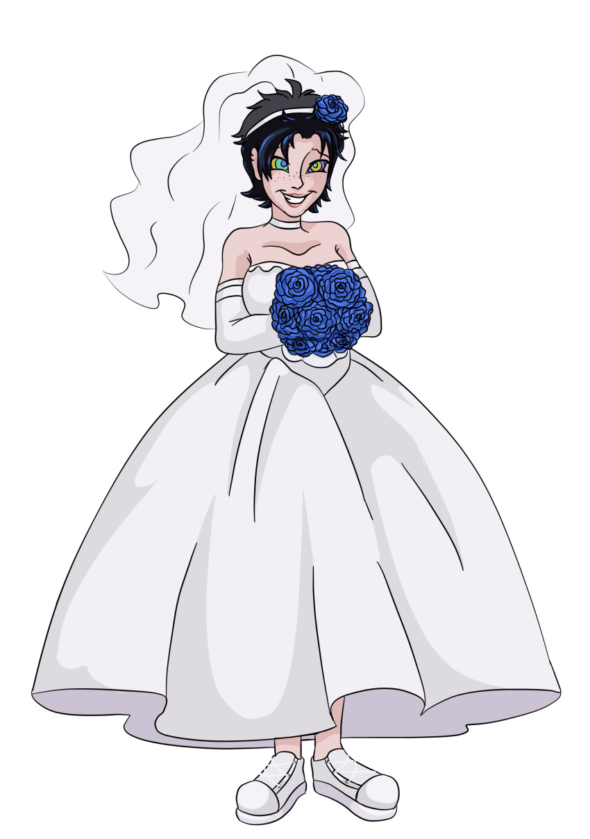 black_hair breasts bridal_veil cleavage dress female_only flower freckles happy_trance kaa_eyes large_breasts nastyalapka percy_jackson_&_the_olympians shoes short_hair smile sneakers thalia_grace wedding_dress