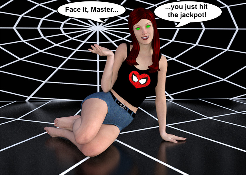 3d barefoot dialogue female_only femsub green_eyes marvel_comics mary_jane_watson red_hair solo super_hero text theheckle