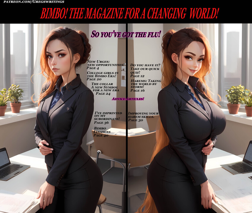 ai_art before_and_after bimbofication breast_expansion brown_hair caption cover femsub gregory_michelson_(generator) large_breasts long_hair office_lady smile suit text