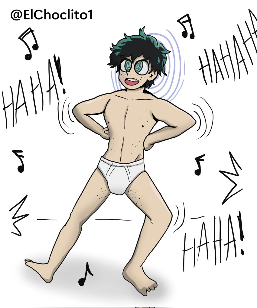 bare_legs bare_shoulders barefoot control_indicator dancing elchoclito1 english_text freckles green_hair hand_on_hip humiliation izuku_midoriya laughing male_only malesub midriff music my_hero_academia navel open_mouth short_hair simple_background spiral spiralwash_eyes symbol text thighs topless underwear white_background