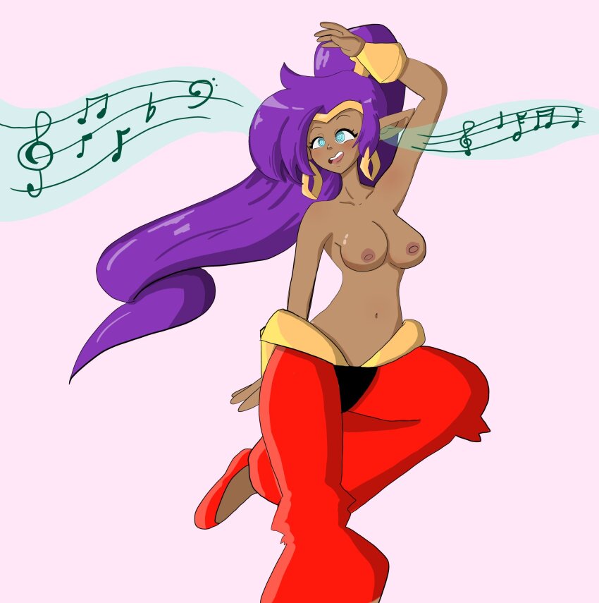 a_singular_fish arms_above_head blue_eyes breasts circlet collarbone dark_skin earrings elf_ears female_only femsub hypnotic_music music nipples open_mouth pants ponytail shantae shantae_(series) simple_background smile solo spiral_eyes symbol_in_eyes tagme topless very_long_hair white_background