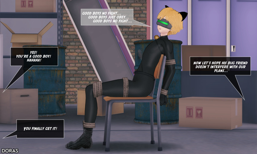 3d adrien_agreste arms_behind_back blonde_hair bodysuit bondage cat_boy cat_ears chair clothed dialogue doras_(artist) ed_the_mess expressionless fake_animal_ears koikatsu! male_only malesub miraculous_ladybug restrained rope short_hair signature sitting solo speech_bubble tech_control text visor