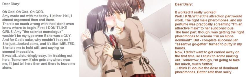 artist_request black_hair blush breasts brown_hair caption caption_only character_request chin_hold clothed copyright_request female_only femdom femsub holding_breasts hypnotic_gas manip multiple_girls pheromones school_uniform sexuality_change short_hair skirt sunt-ermico_(manipper) text yuri