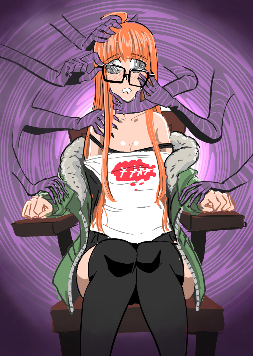 ahoge blush chair chin_hold cleavage clothed collarbone drool femsub futaba_sakura glasses hand_on_head jacket knees_together long_hair majinsfw open_mouth orange_hair persona_(series) persona_5 phantom_hand restrained shirt sitting spiral_background spiralwash_eyes thighhighs