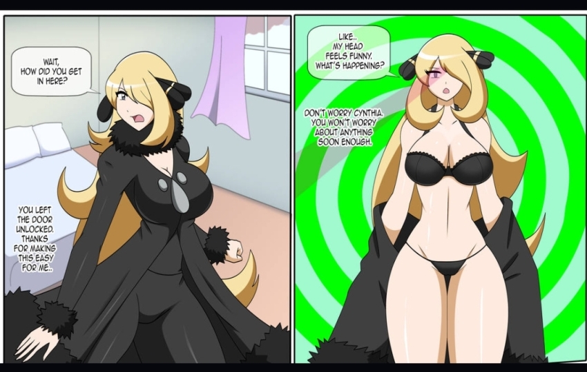 altered_common_sense angry bare_legs bedroom black_bra black_panties blonde_hair bra cleavage collarbone comic cynthia dialogue dlobo777 dress empty_eyes english_text expressionless female_only femsub fur_coat hair_ornament navel nintendo open_mouth panties pokemon pokemon_diamond_pearl_and_platinum speech_bubble spiral spiral_background standing standing_at_attention text underwear undressing very_long_hair