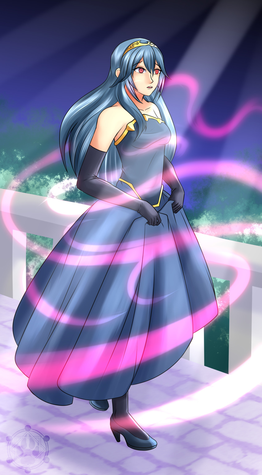 absurdres blue_hair blush breasts crown dress empty_eyes expressionless female_only femsub fire_emblem fire_emblem_awakening gloves glowing happy_trance high_heels jewelry katsiika large_breasts long_hair lucina magic nintendo open_mouth opera_gloves princess solo super_smash_bros. symbol_in_eyes
