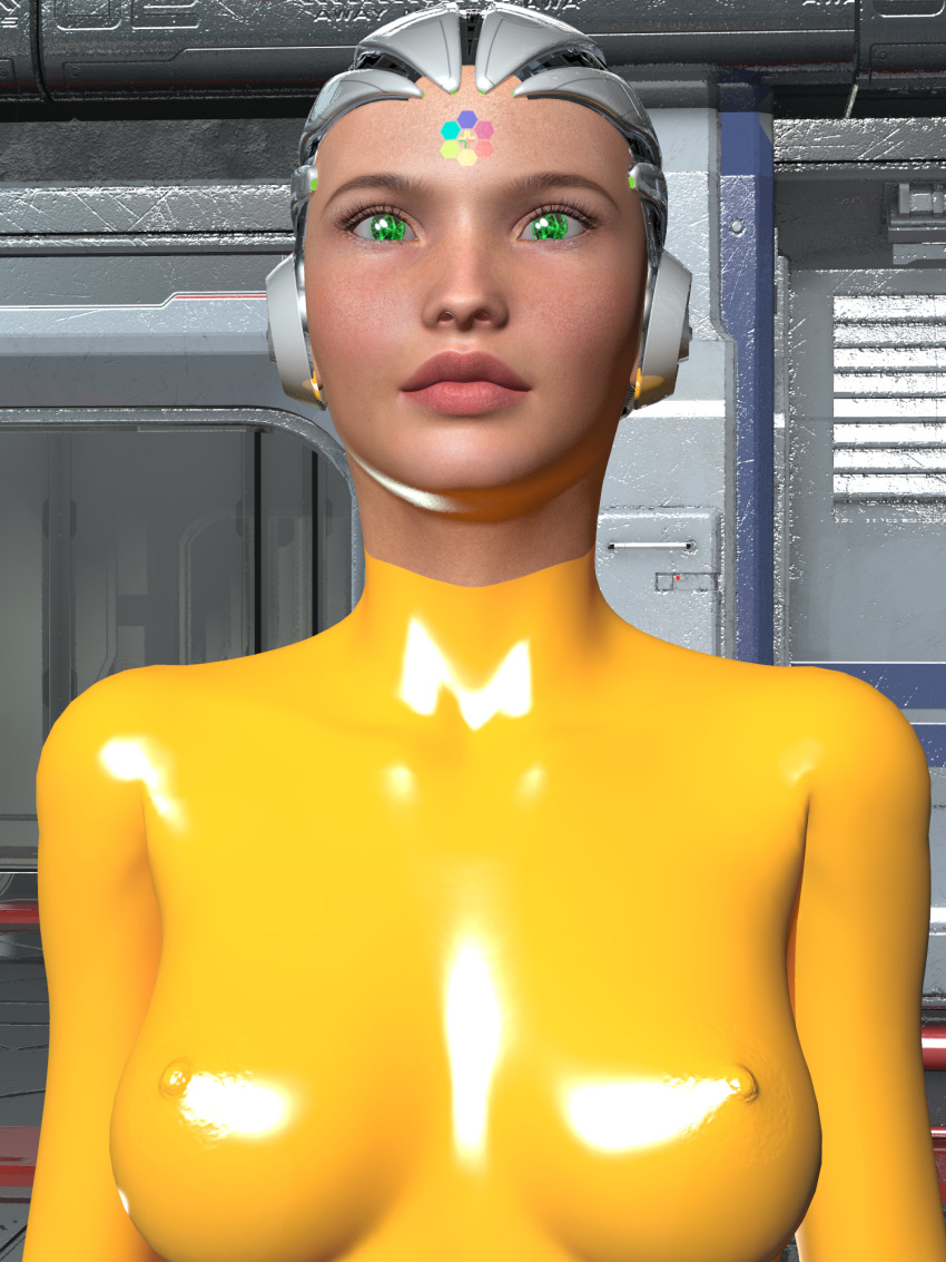 3d bodysuit breasts creativeguy59 drone erect_nipples erect_nipples_under_clothes expressionless female_only femsub green_eyes headphones helmet latex microchip original rubber solo standing standing_at_attention tight_clothing