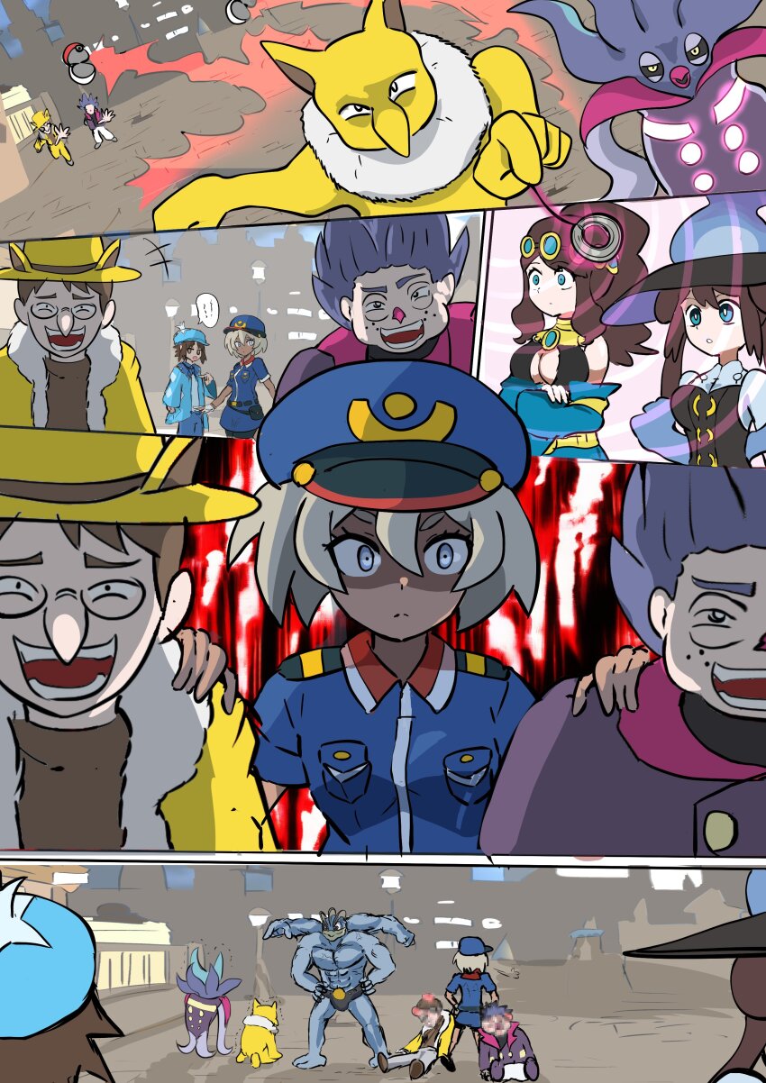 bea_(pokemon) breasts cleavage cleavage_cutout coin color comic costume empty_eyes femsub glowing hair_buns halloween hilda humor hypno hypno_outfit machamp malamar maledom mukuhookusuki nate_(pokemon) nintendo pendulum pokemon pokemon_masters policewoman rosa_(pokemon) standing witch_hat