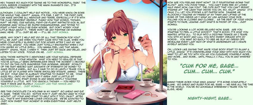 absurdres breasts brown_hair caption caption_only chocolate doki_doki_literature_club dress female_only femdom green_eyes hair_ribbon large_breasts long_hair looking_at_viewer manip masturbation_command miney_(manipper) monika official orgasm_command ponytail pov pov_sub ribbon sitting sleep_command smile solo text