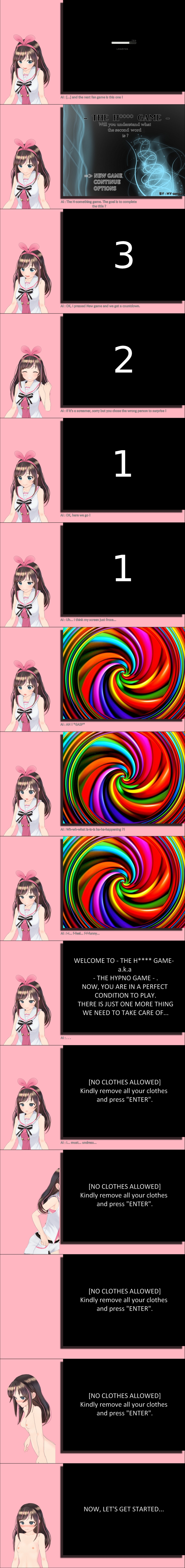 3d absurdres blue_eyes blush bottomless breasts brown_hair comic dazed expressionless female_only femsub hypnommd kizuna_ai long_hair nude open_mouth spiral spiral_eyes symbol_in_eyes text topless video_game virtual_youtuber