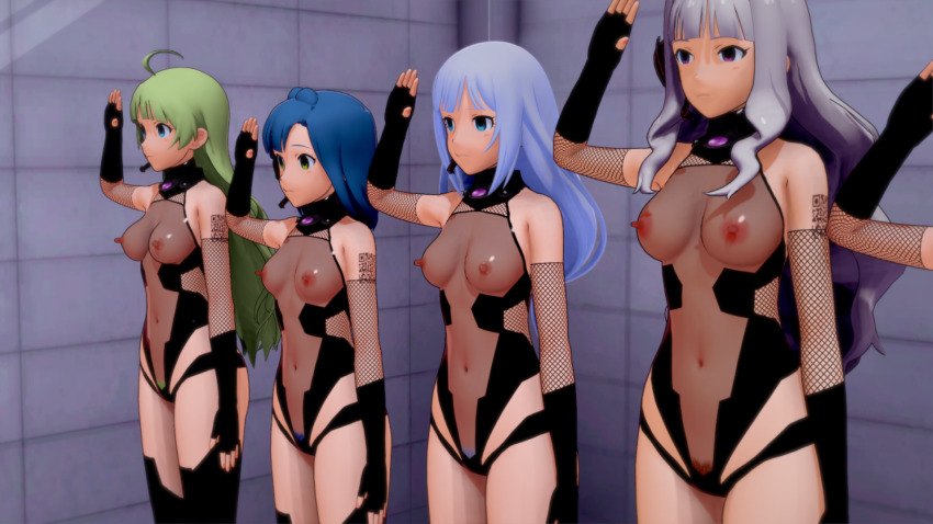 3d blue_eyes blue_hair clothed_exposure collar empty_eyes erect_nipples erect_nipples_under_clothes expressionless female_only femsub fishnets gloves green_hair headphones koikatsu! leotard long_hair microphone multiple_girls multiple_subs navel nipples opera_gloves pubic_hair purple_eyes purple_hair qr_code saluting see-through shimabara_elena standing standing_at_attention tattoo tech_control the_idolm@ster the_idolm@ster:_million_live! thigh_boots thighhighs tsumugi_shiraishi very_long_hair wwww.