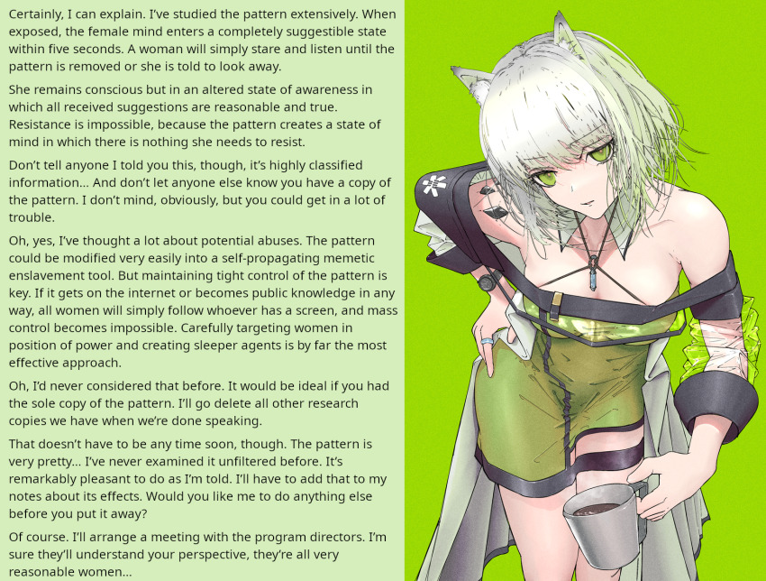 altered_common_sense arknights aware bangs caption caption_only cat_ears cat_girl collarbone femsub green_eyes hand_on_hip kal'tsit_(arknights) lab_coat leaning_forward manip monsieurchuchote_(writer) necklace pov pov_dom standing text white_hair wrist_watch