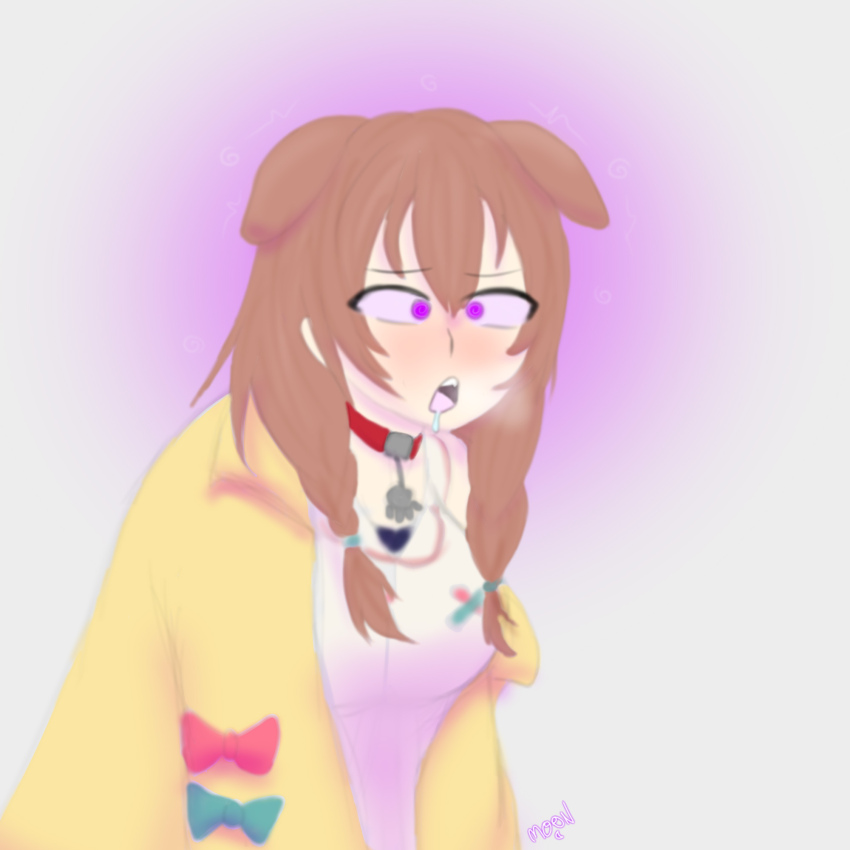 animal_ears breath brown_hair collar dog_ears drool female_only femsub glowing glowing_eyes hololive jacket korone_inugami leaning_forward long_hair m00n_key necklace open_mouth pink_eyes purple_eyes signature simple_background solo spiral_eyes standing symbol_in_eyes tank_top virtual_youtuber