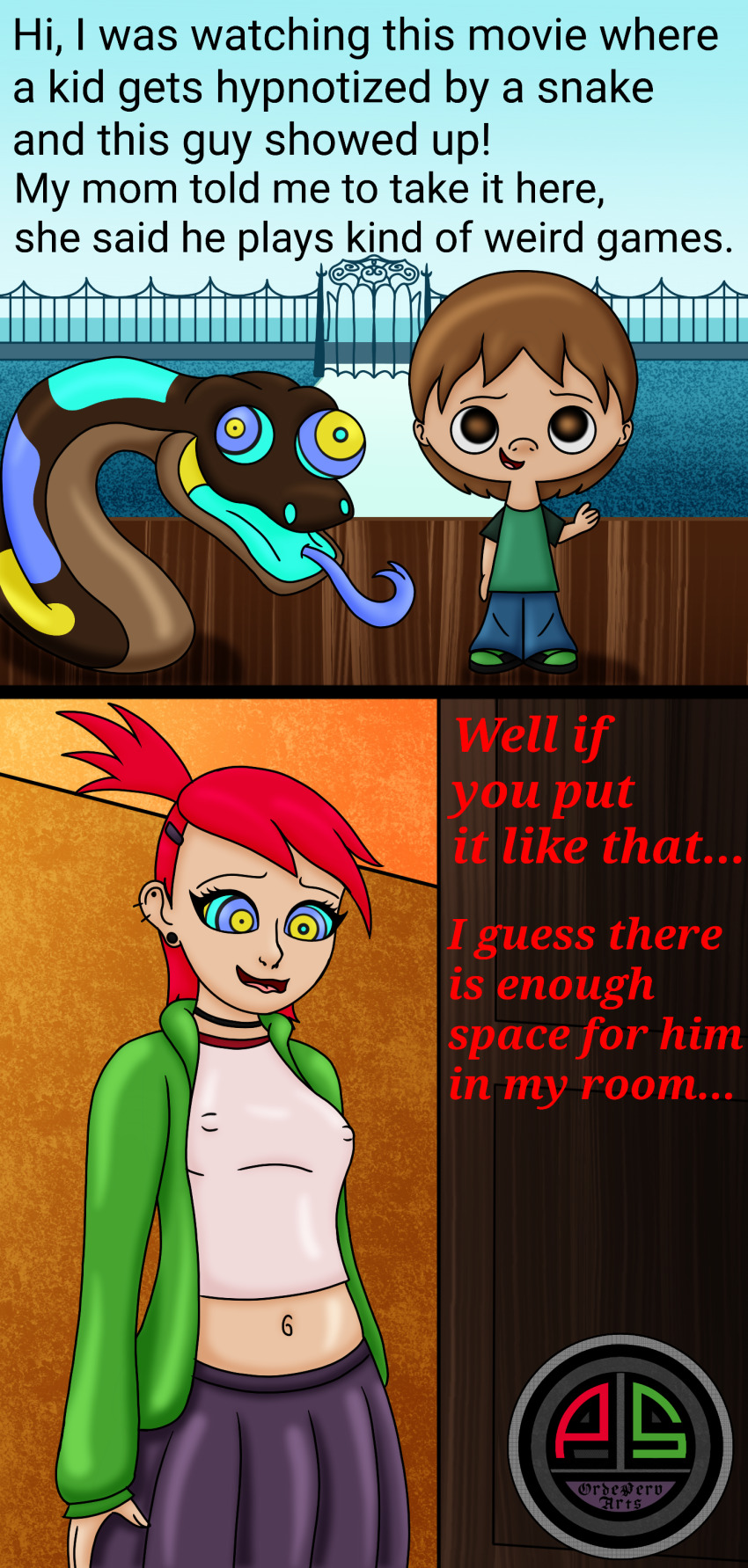 absurdres comic dialogue disney earrings erect_nipples femsub foster's_home_for_imaginary_friends frankie_foster happy_trance hypnotic_eyes jewelry kaa kaa_eyes long_skirt maledom open_mouth ordeper_arts red_hair short_hair skirt smile snake text the_jungle_book unfocused_eyes