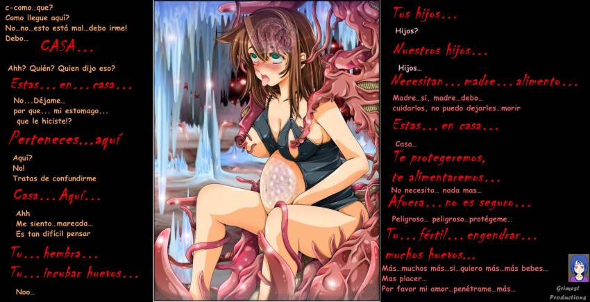 ahegao blush brain brain_injection caption eye_roll femsub grimest_(manipper) hypnotic_tentacle manip monster open_mouth original pregnant spanish tentacles text translated vvrayven_(manipper)