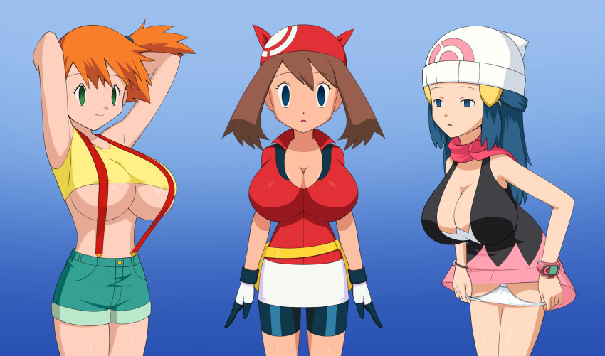absurdres aged_up arms_above_head blue_hair breasts brown_hair cleavage dawn dazed empty_eyes expressionless female_only femsub happy_trance hat large_breasts long_hair looking_at_viewer may misty multiple_girls nintendo open_mouth orange_hair panties pokemon pokemon_(anime) pokemon_diamond_pearl_and_platinum pokemon_ruby_sapphire_and_emerald red_hair short_hair smile suspenders underboob underwear undressing vevymani