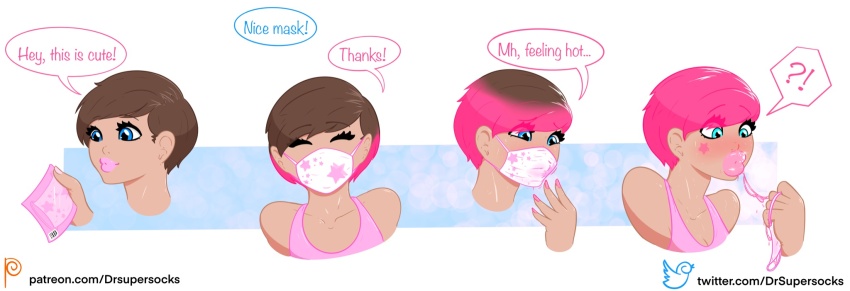 before_and_after bimbofication blue_eyes brown_hair closed_eyes dialogue drsupersocks eyebrows_visible_through_hair face_mask face_paint lip_expansion lipstick mask pink_hair pink_lipstick short_hair simple_background smile speech_bubble tank_top text white_background