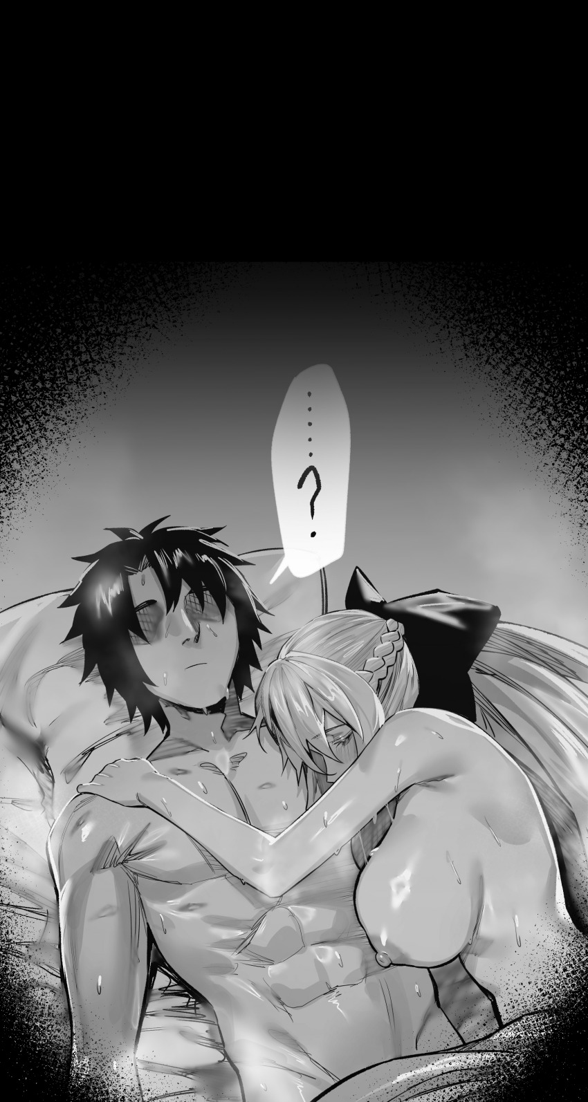 abs absurdres bed blush braid breasts comic confused erect_nipples fate/grand_order fate_(series) femdom greyscale hair_ribbon huge_breasts hxd malesub monochrome morgan_le_fey_(fate) nipples nude ribbon ritsuka_fujimaru_(male) short_hair sleeping speech_bubble sweat trance_break turning_the_tables very_long_hair witch