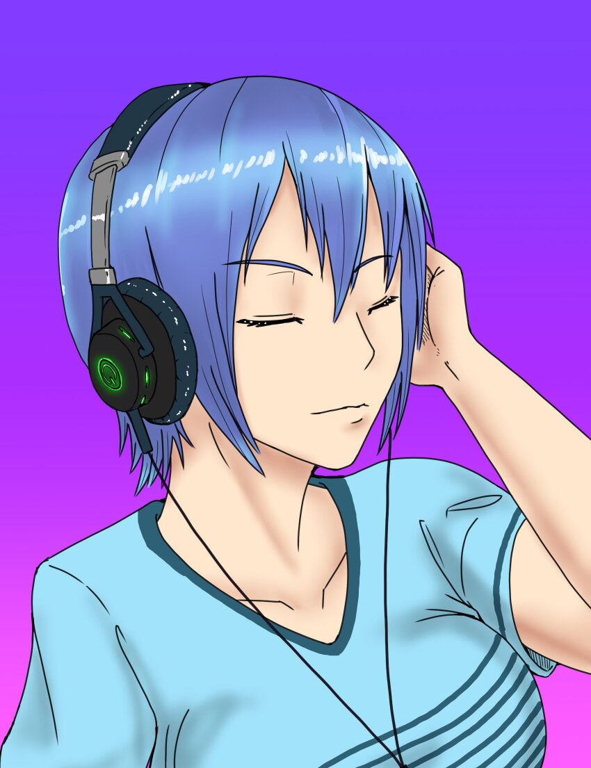 absurdres blue_hair closed_eyes female_only femsub fulloption_pj headphones original short_hair solo