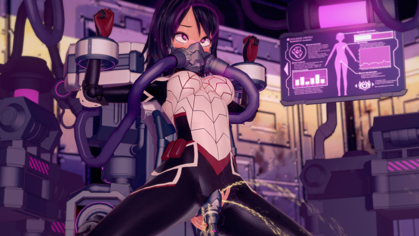 3d alternate_costume black_hair bobasooba bodysuit breasts corruption electricity eye_roll female_only femsub gas_mask glowing_eyes hypnotic_gas koikatsu! monitor pink_eyes restrained sex sex_toy short_hair silk_(marvel) solo spider-man_(series) spread_legs squirting tears torn_clothes tubes vaginal vibrator