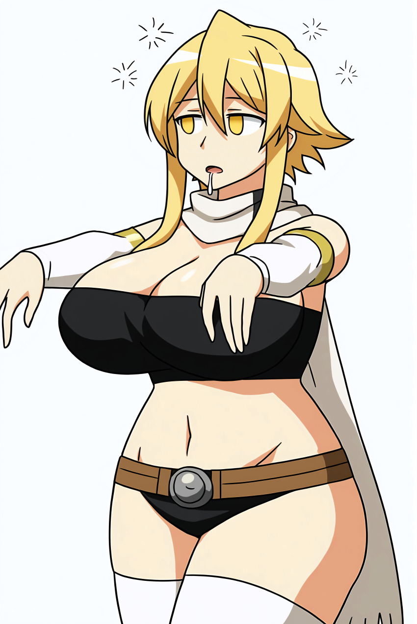 ai_art akame_ga_kill! belt cleavage drool empty_eyes expressionless female_only femsub huge_breasts leone maledom midriff minimimic_(generator) minimimic_(manipper) navel open_mouth scarf short_hair simple_background stable_diffusion_(ai) thighhighs white_background yellow_eyes zombie_walk