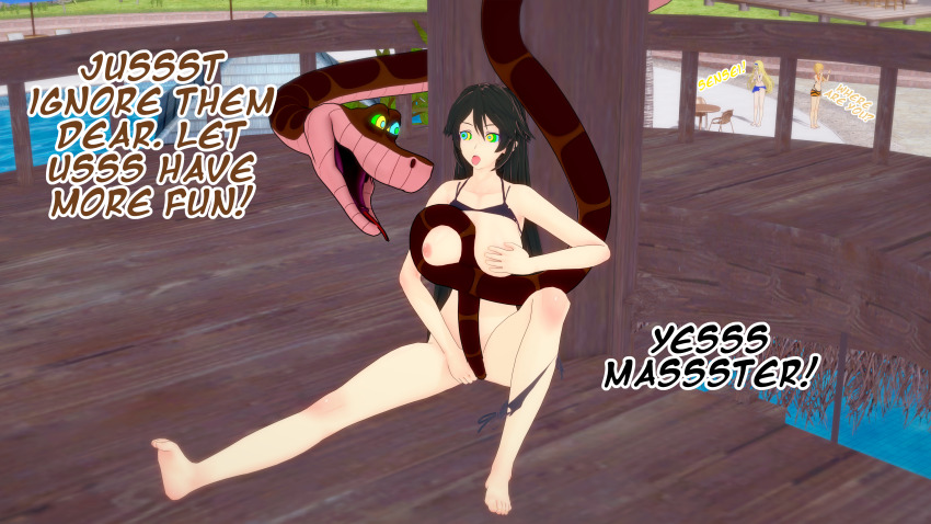 3d absurdres bare_legs barefoot bikini black_hair breasts crotch_rub dialogue disney exposed_chest feet femsub hypnotic_eyes infinite_stratos kaa kaa_eyes koikatsu! maledom masturbation navel nipples no_bra open_mouth orimura_chifuyu outdoors panties pool shirt shirt_lift sitting smile snake teacher text thatguysly the_jungle_book tongue tongue_out very_long_hair