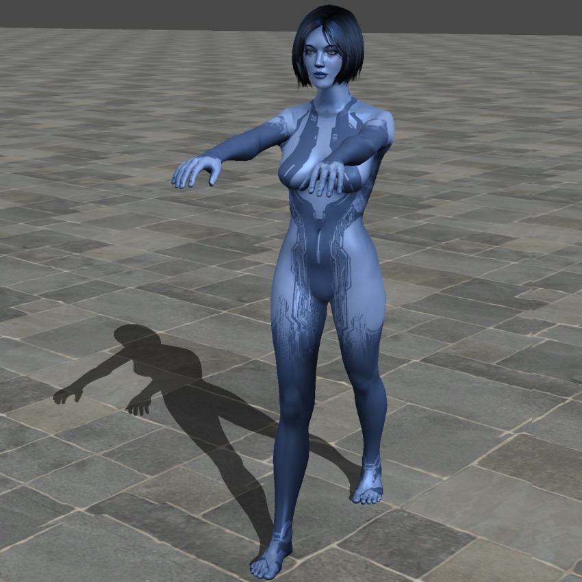3d bare_shoulders barefoot blue_hair blue_lipstick bottomless breasts collarbone cortana expressionless female_only femsub halo_(series) lipstick nude robot robot_girl short_hair solo source_filmmaker thick_thighs topless vg-mc zombie_walk