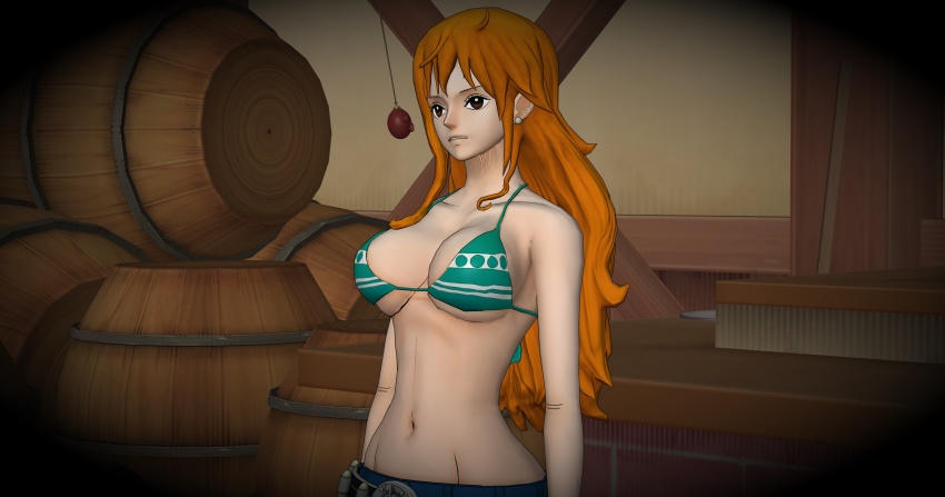 3d absurdres bikini_top bobboxbody breasts earrings expressionless female_only femsub jeans jewelry large_breasts long_hair nami_(one_piece) one_piece orange_hair pendulum