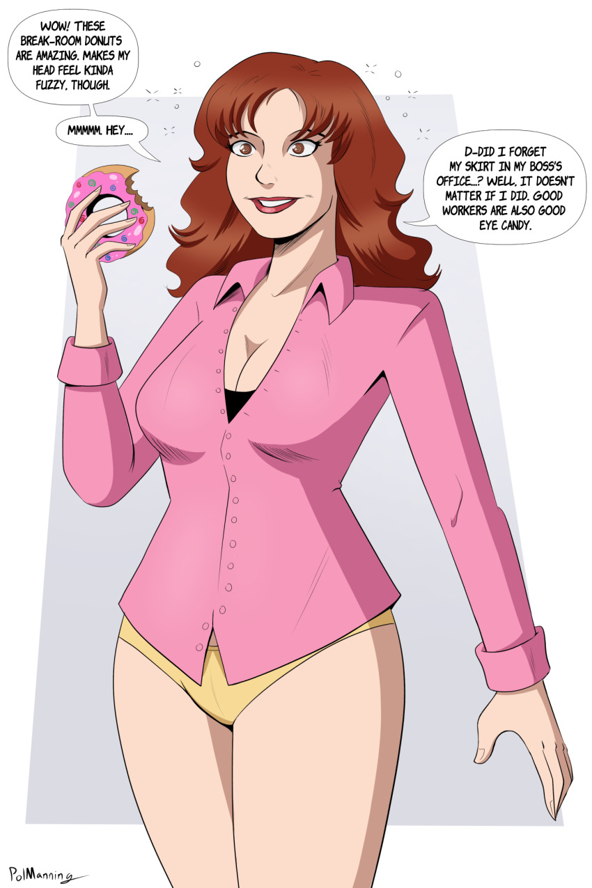 altered_common_sense brown_eyes brown_hair cleavage dialogue drugged english_text female_only femsub happy_trance hypnotic_food kate_(dutifulslave) office_lady original panties polmanning red_hair speech_bubble tagme text unaware