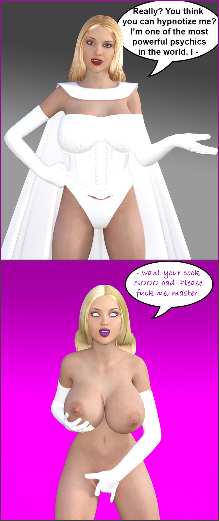 3d absurdres before_and_after bimbofication blonde_hair bottomless brain_drain breasts cape comic denial dialogue emma_frost female_only femsub gloves large_breasts marvel_comics masturbation nude opera_gloves spiral_eyes super_hero symbol_in_eyes text theheckle topless