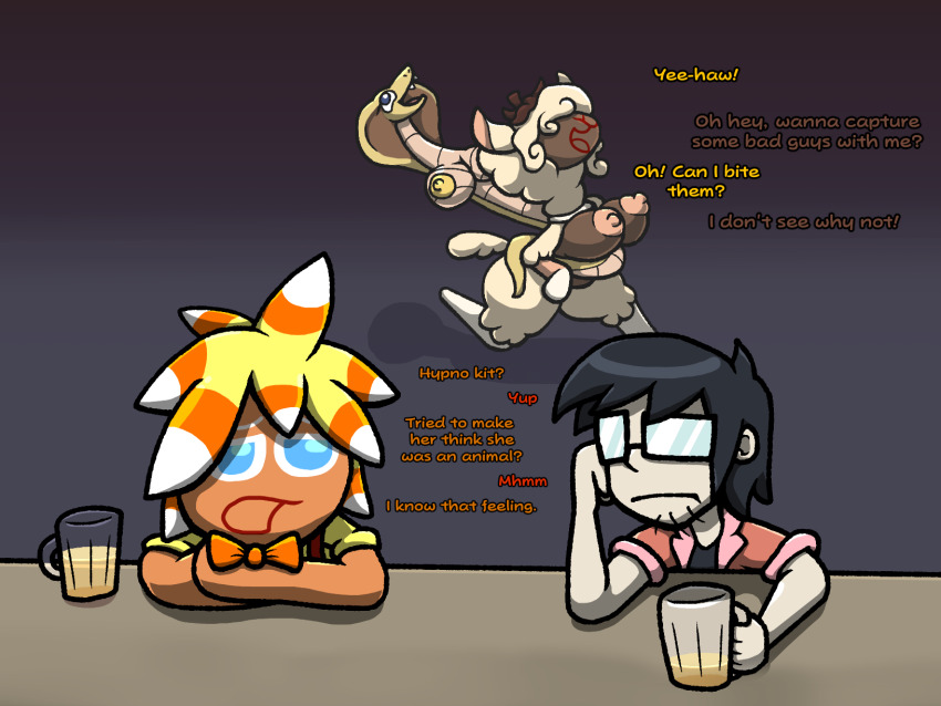beer black_hair blue_eyes bottomless breasts candy_corn_cookie_(sachasketchy) chabble ciara_pent clothed cookie_run cookies dialogue femsub furry glass glasses kal_zoan llama_girl maledom multiple_boys multiple_doms multiple_girls multiple_subs nipples nude original snake snake_girl text topless triple_cocoa_cookie_(sachasketchy)