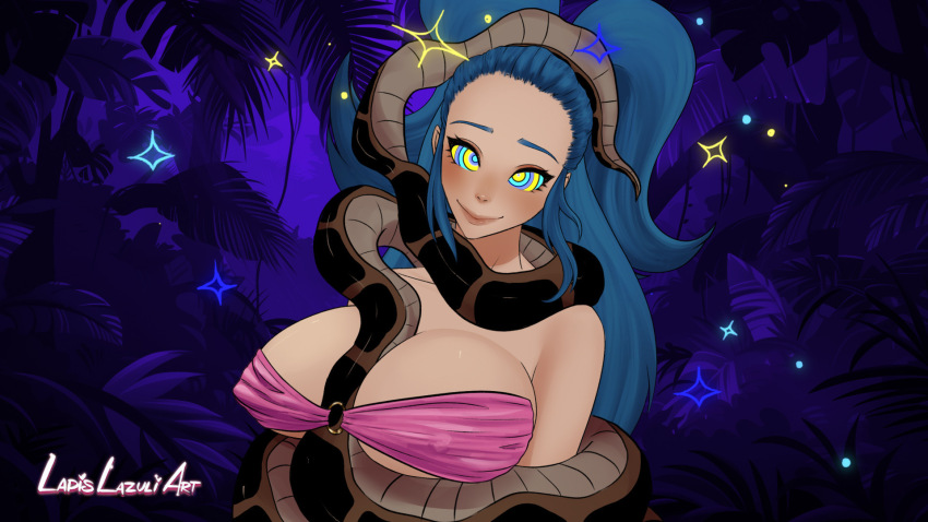 blue_hair cleavage coils collarbone disney femsub happy_trance huge_breasts jungle kaa kaa_eyes lapis_(lapislazuliart) lapislazuliart long_hair original outdoors signature smile snake the_jungle_book tube_top twintails