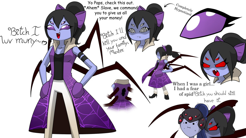 absurdres black_hair breasts bug_girl comic disguised_hypnotist femsub large_breasts maledom muffet open_mouth overwatch purple_eyes smile spider_girl spiral_eyes symbol_in_eyes text undertale widowmaker