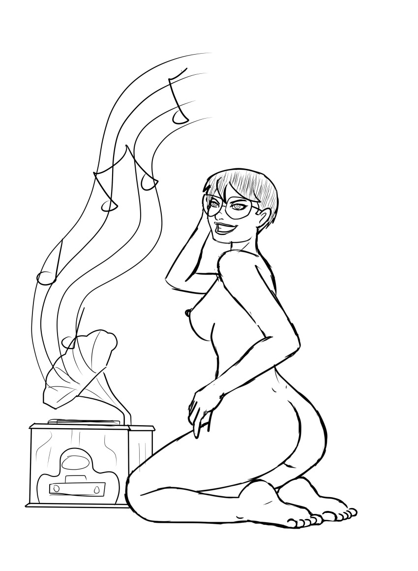 absurdres ass barefoot bottomless breasts feet female_only femsub glasses greyscale happy_trance hypnotic_audio hypnotic_music kneeling nude original polmanning short_hair sideboob sketch solo spiral_eyes symbol_in_eyes topless white_background