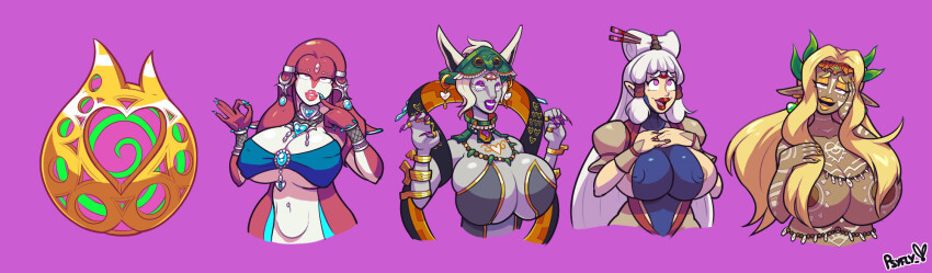 animal_ears bare_shoulders bimbofication blonde_hair body_paint bra bracelet bracers breast_expansion breath_of_the_wild choker cleavage clothed_exposure collarbone dark_skin dress earrings elf_ears emblem erect_nipples erect_nipples_under_clothes eyelashes eyeshadow face_paint female_only femsub fish_girl furry hair_clips hand_on_head happy_trance hat headdress heart huge_breasts jewelry large_lips leotard lipstick long_hair long_nails makeup mineru mipha multiple_girls multiple_subs nail_polish navel necklace nintendo nipples nude open_mouth paya pink_background pink_eyes psyfly queen_sonia ring short_hair shoulder_pads simple_background smile tattoo tears_of_the_kingdom the_legend_of_zelda third_eye tied_hair tight_clothing underboob