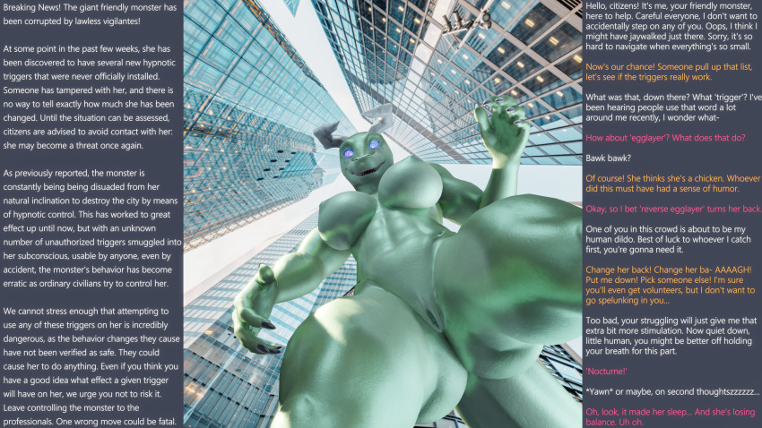 3d caption dragon dragon_girl enemy_conversion exhibitionism femsub furry giantess happy_trance horns humor kaa_eyes lizard_girl looking_at_viewer manip original pov pov_dom public_use scales scalie sleep_command tail text thalarynth_(manipper) trigger unaware unbirthing